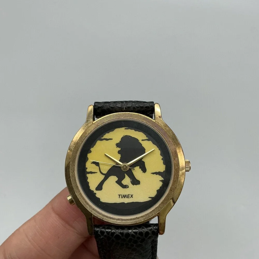 Vintage Timex The Lion King Mens Watch 34mm Yellow Dial Leather New Battery